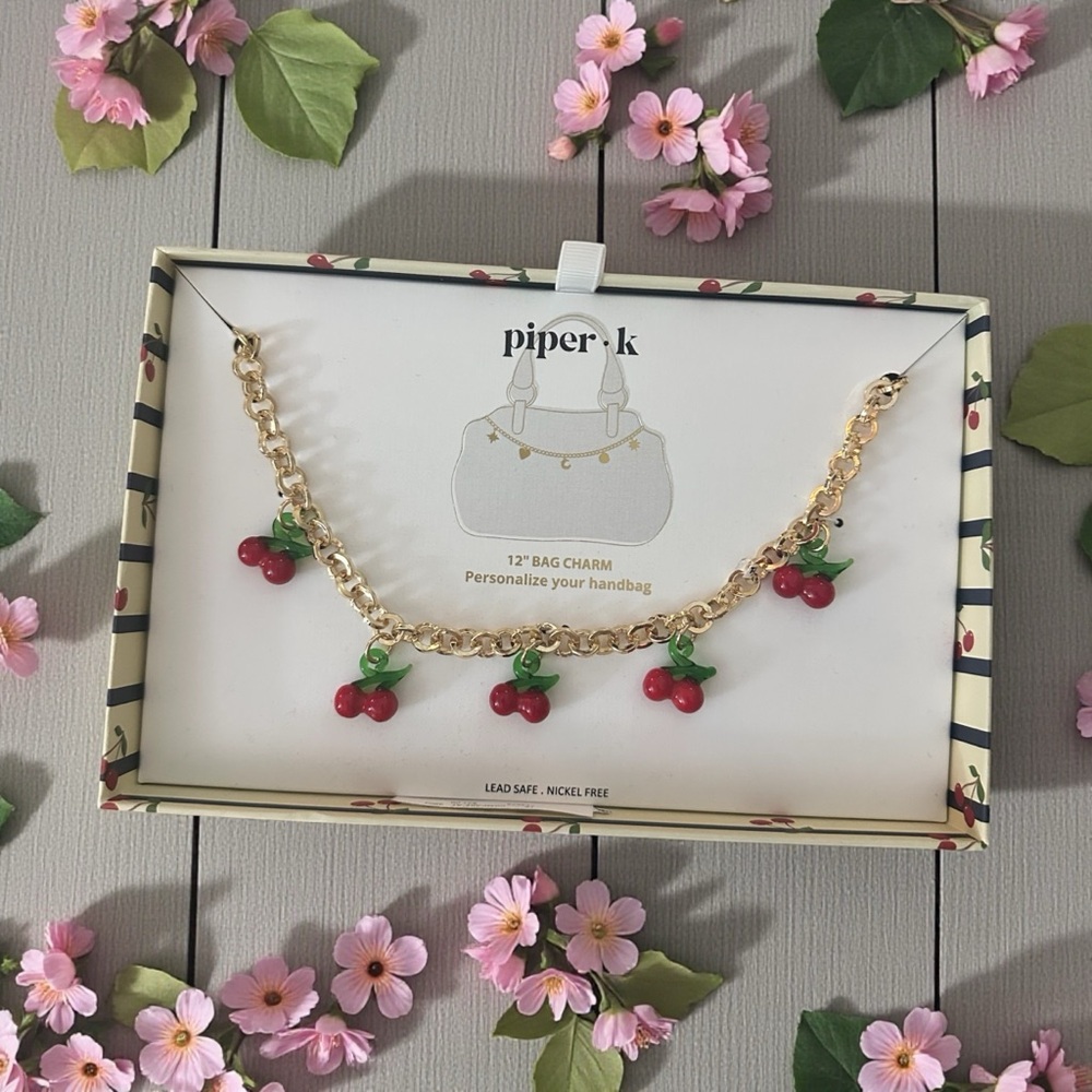 Piper‎ K  Cherry Bag Charm Bracelet 12" Gold Chain New In Box